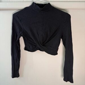 SHEIN Black Long Sleeve Tie Front Cropped Turtleneck Ribbed